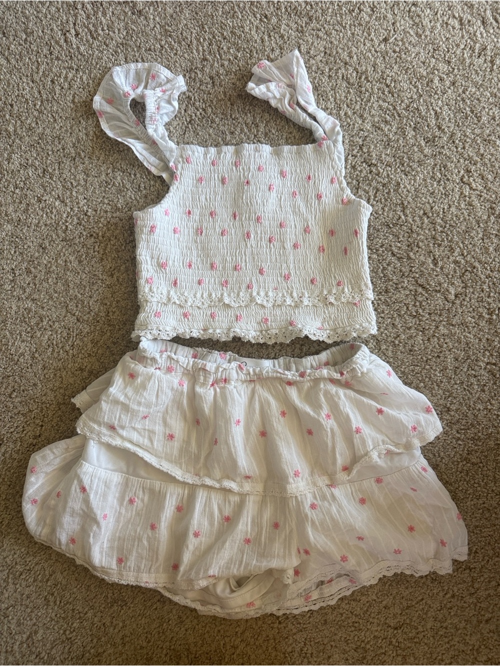 Japna White Two-Piece Ruffle Skirt Set with Pink Floral Dots